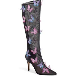 ⚡Women's Black Knee High Boots Butterfly Pointed Toe Stiletto High Heels Mesh